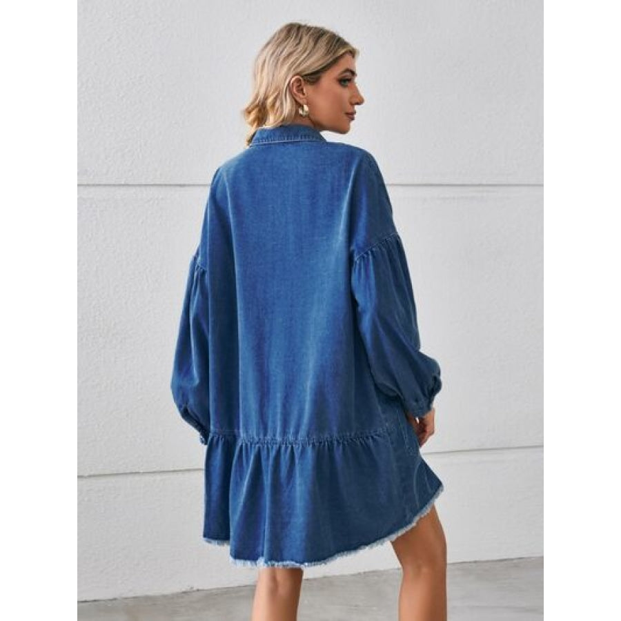 Button Up Pocketed Raw Hem Denim Dress Clothing