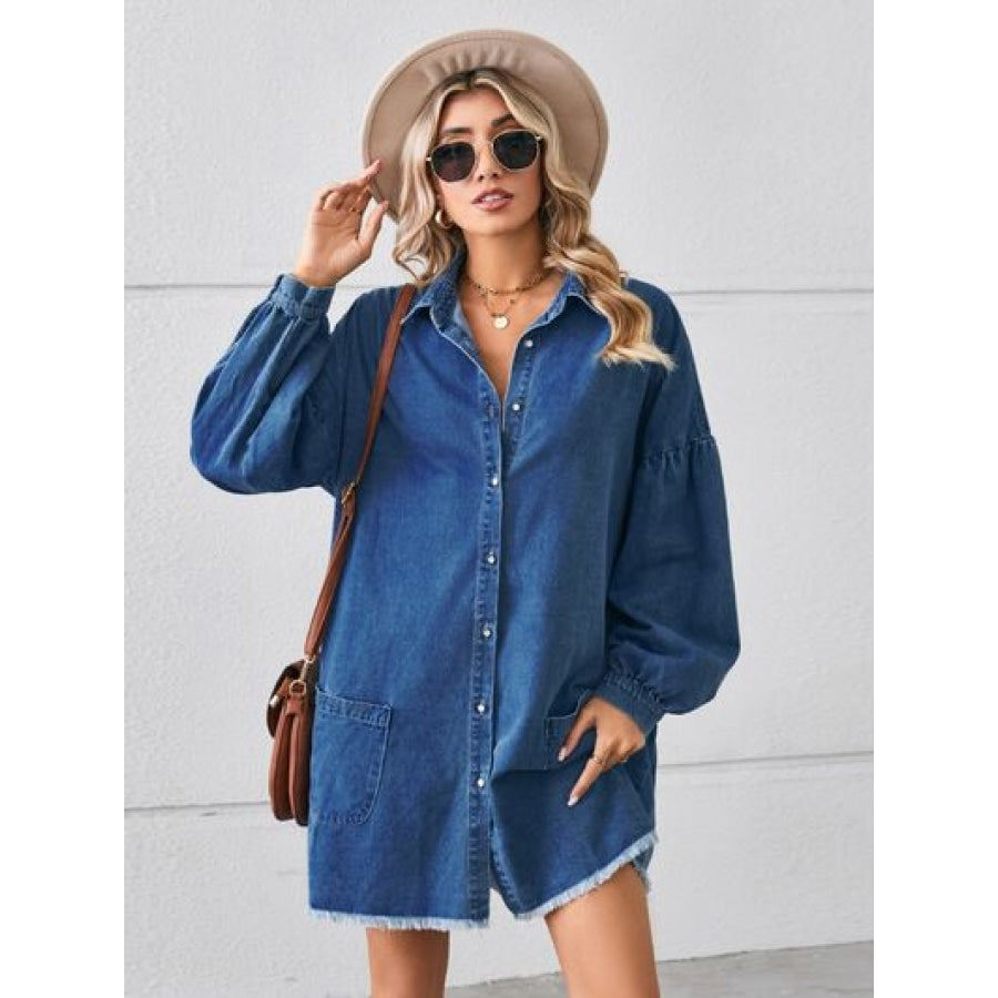 Button Up Pocketed Raw Hem Denim Dress Navy / S Clothing