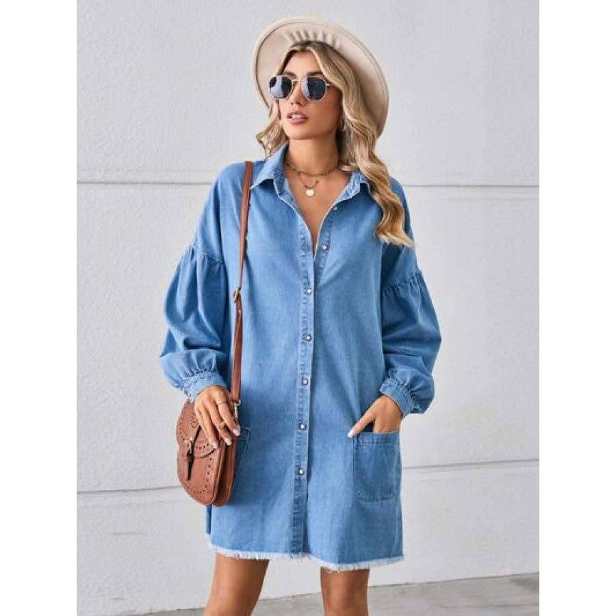 Button Up Pocketed Raw Hem Denim Dress Sky Blue / S Clothing