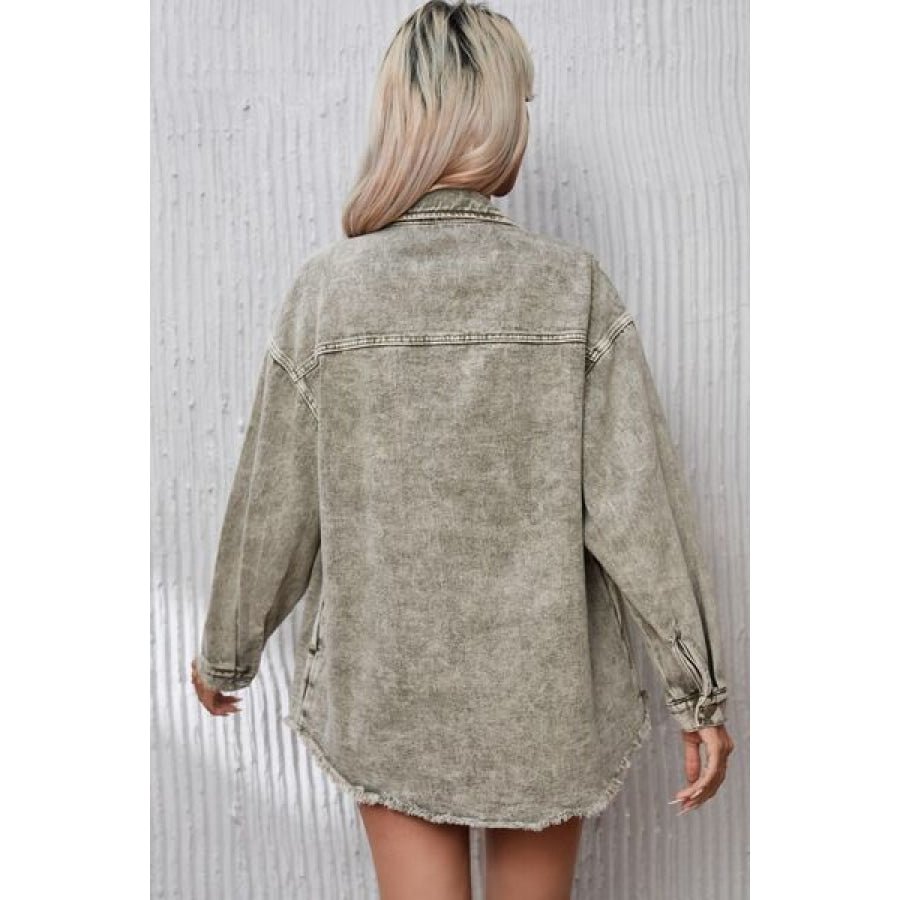 Button Up Pocketed Raw Hem Denim Jacket Mist Green / S Clothing