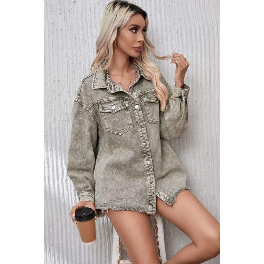 Button Up Pocketed Raw Hem Denim Jacket Clothing