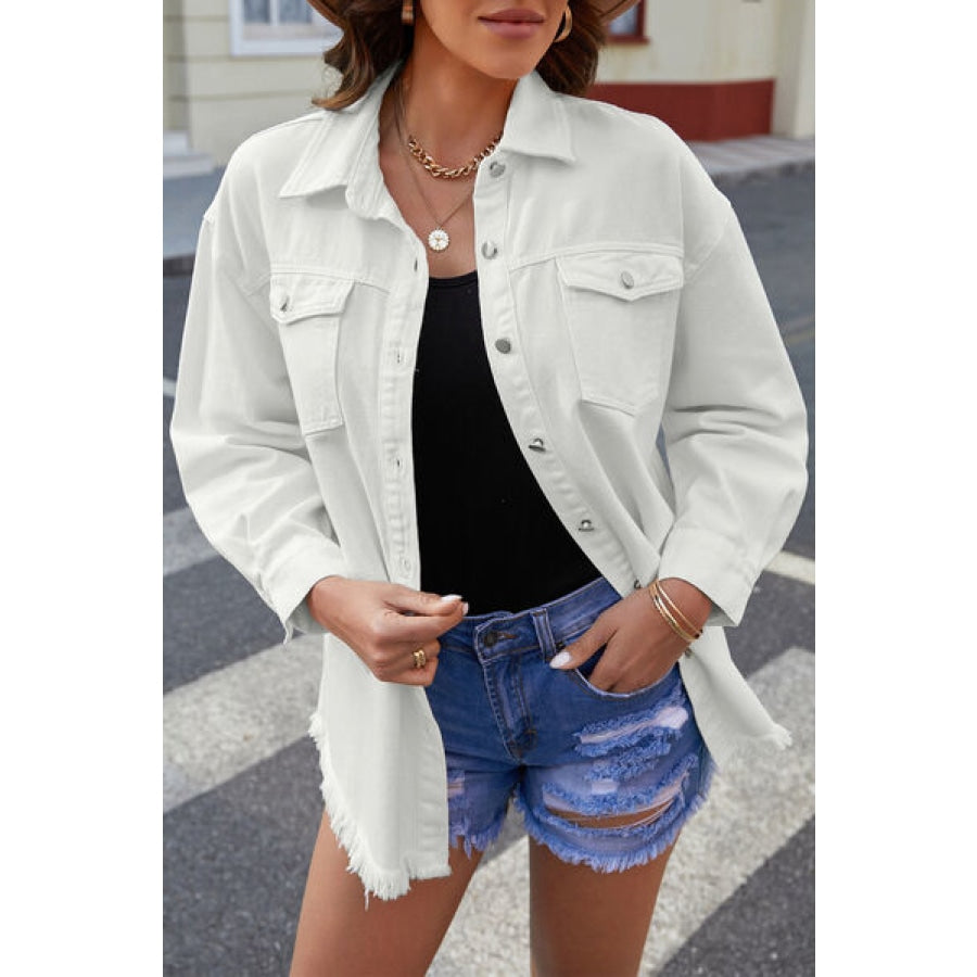 Button Up Pocketed Raw Hem Denim Jacket White / S Clothing