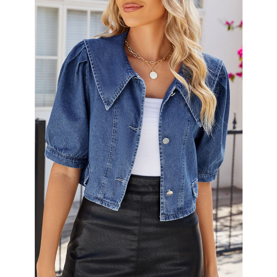 Button Up Puff Sleeve Denim Top Navy / S Apparel and Accessories