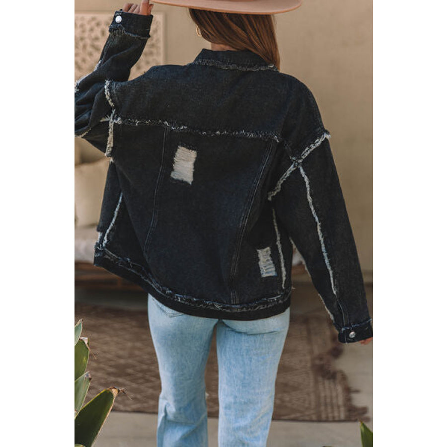 Button Up Raw Hem Distressed Denim Jacket Black / S Clothing