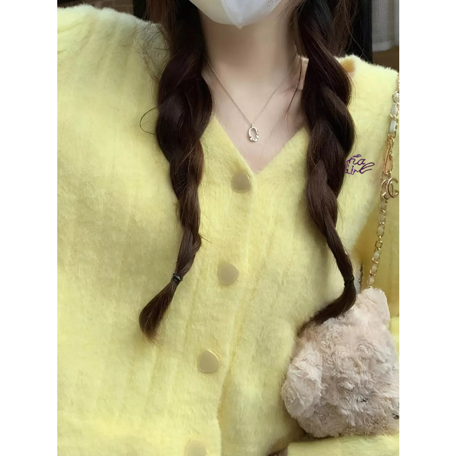 Button Up Ribbed Knit Cardigan Yellow / One Size Apparel and Accessories