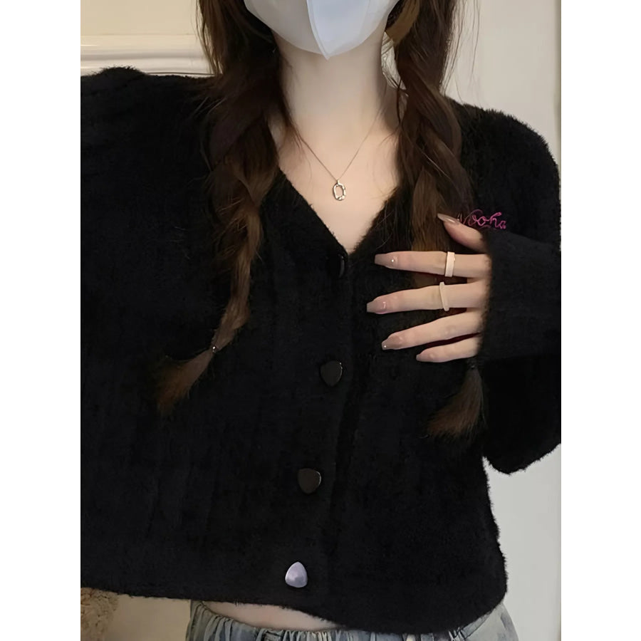 Button Up Ribbed Knit Cardigan Black / One Size Apparel and Accessories