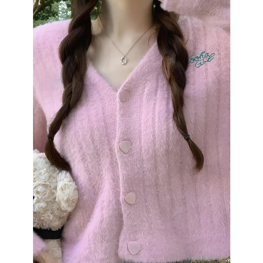 Button Up Ribbed Knit Cardigan Pink / One Size Apparel and Accessories
