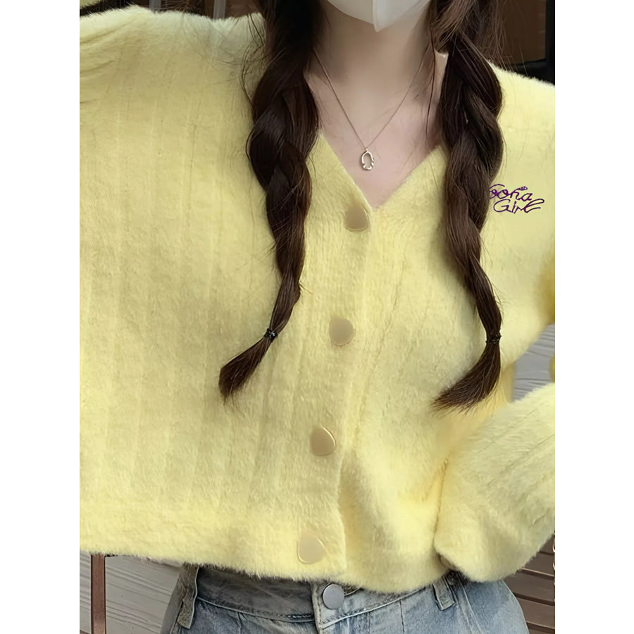 Button Up Ribbed Knit Cardigan Yellow / One Size Apparel and Accessories