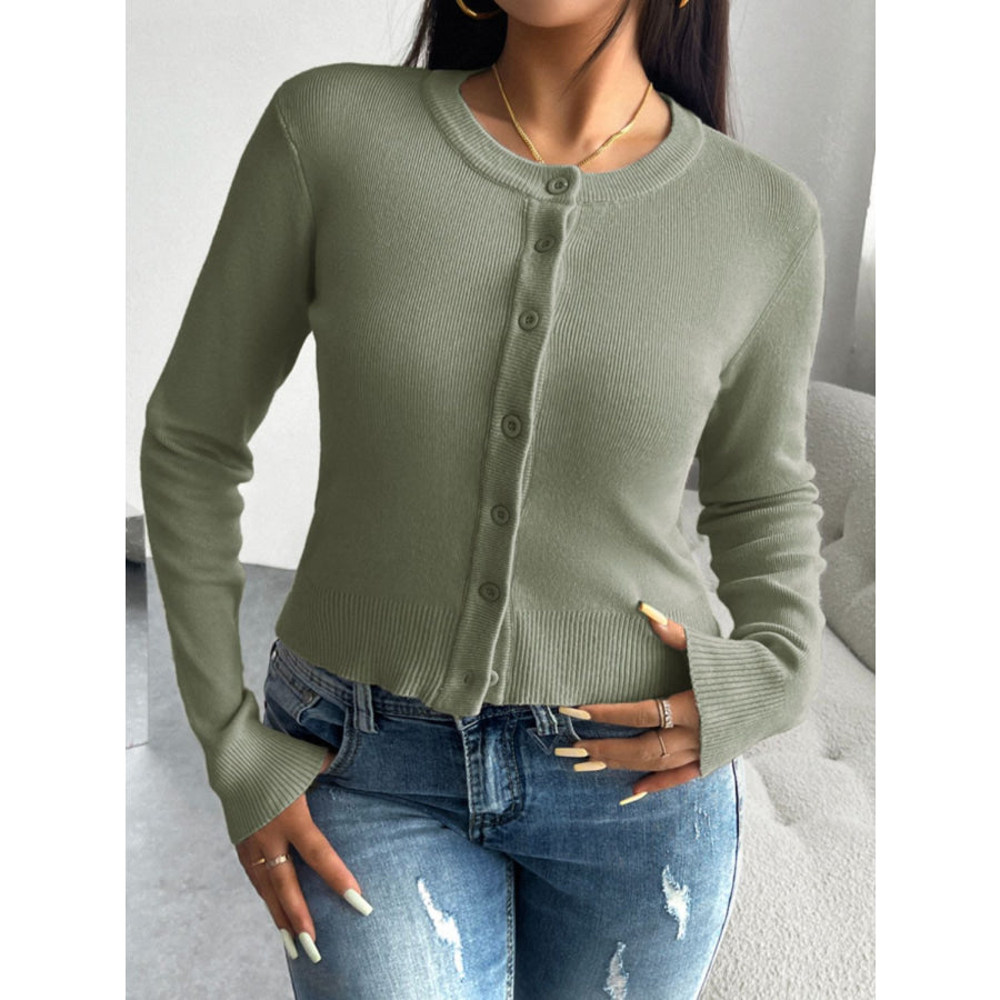 Button Up Round Neck Cardigan Army Green / S Apparel and Accessories