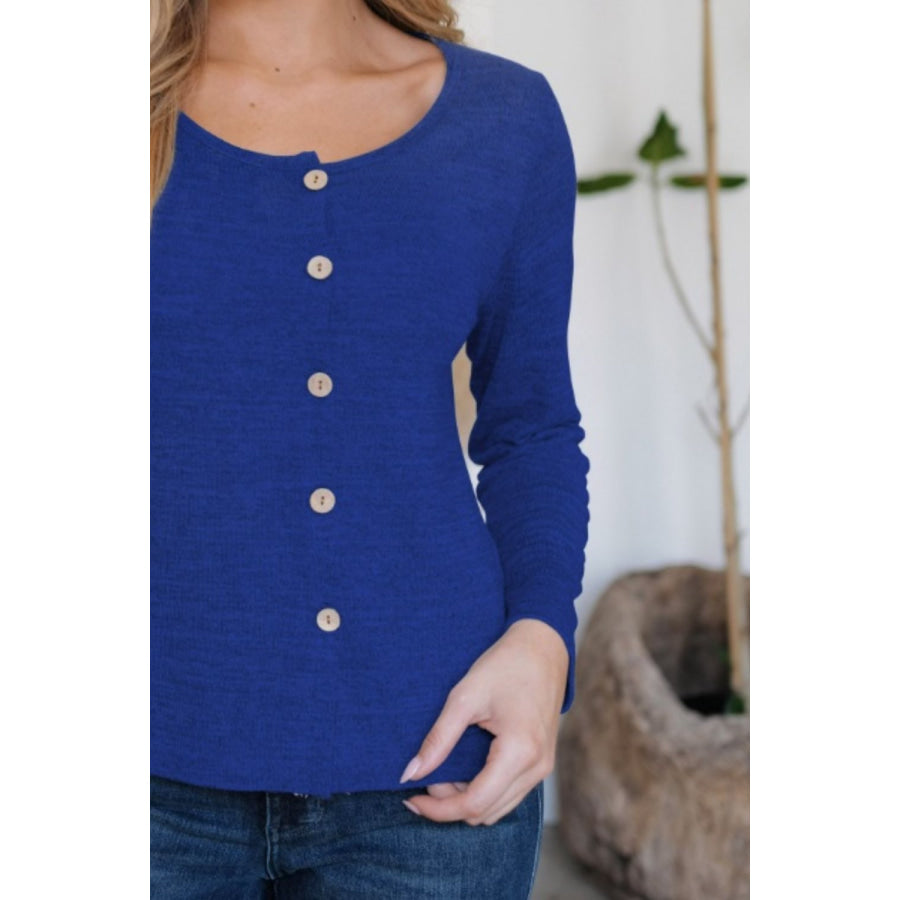 Button Up Round Neck Long Sleeve Cardigan Apparel and Accessories