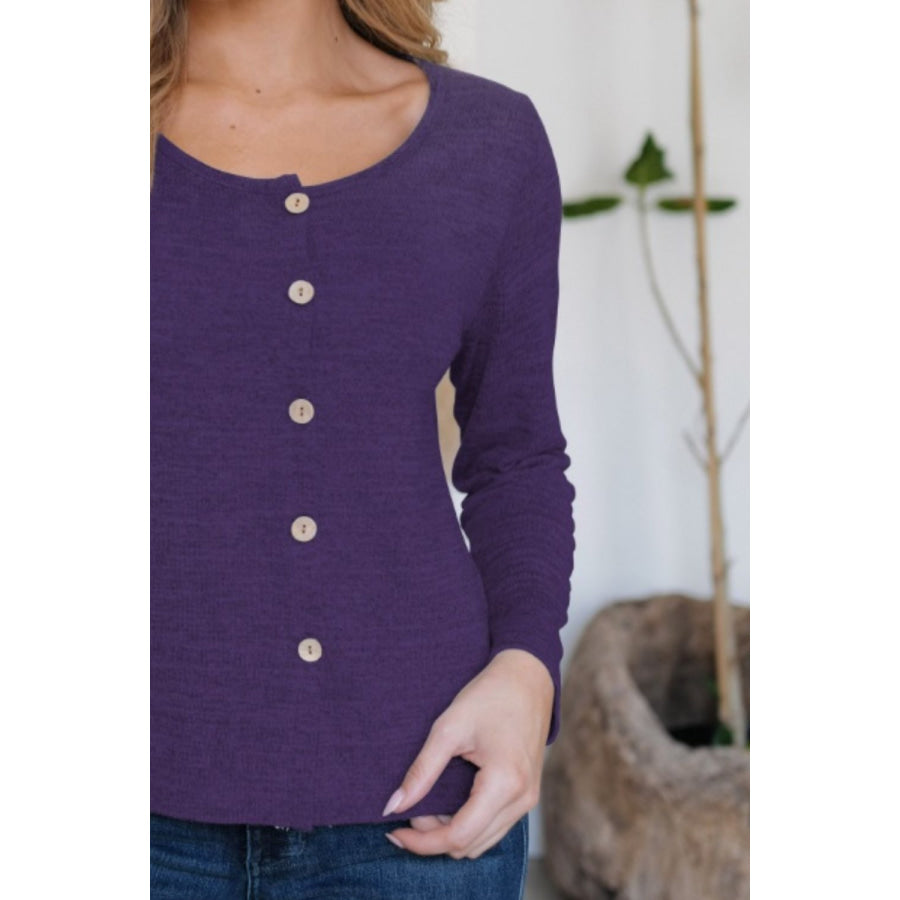 Button Up Round Neck Long Sleeve Cardigan Apparel and Accessories