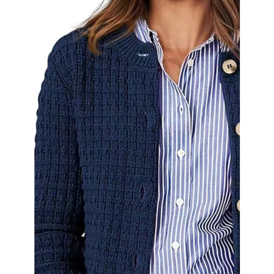 Button Up Round Neck Long Sleeve Cardigan Apparel and Accessories