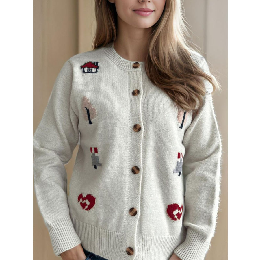 Button Up Round Neck Long Sleeve Cardigan Apparel and Accessories