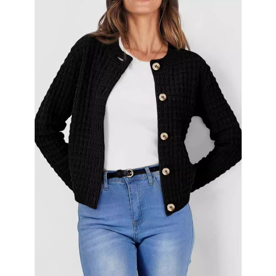 Button Up Round Neck Long Sleeve Cardigan Black / S Apparel and Accessories