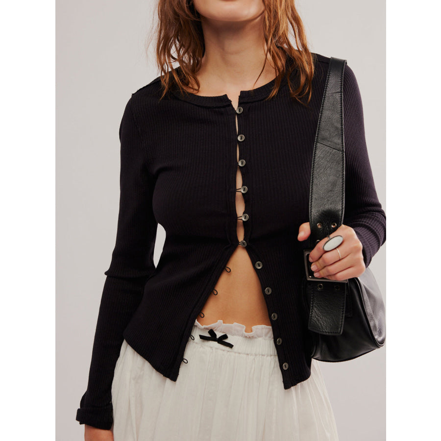 Button Up Round Neck Long Sleeve Cardigan Black / S Apparel and Accessories