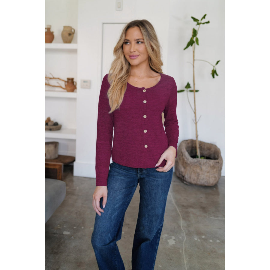 Button Up Round Neck Long Sleeve Cardigan Burgundy / S Apparel and Accessories