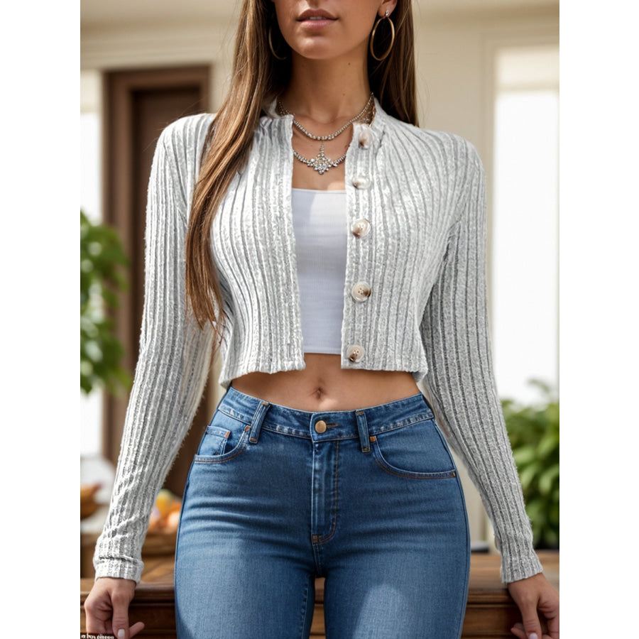 Button Up Round Neck Long Sleeve Cardigan Gray / S Apparel and Accessories