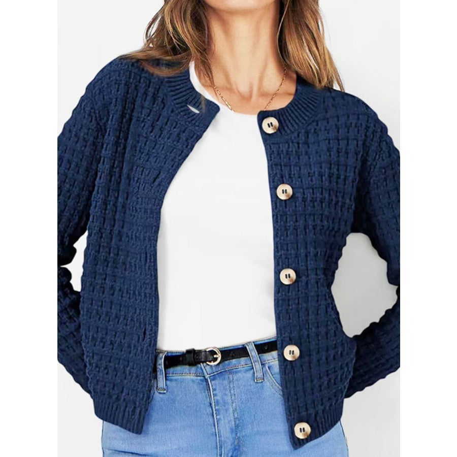 Button Up Round Neck Long Sleeve Cardigan Navy / S Apparel and Accessories