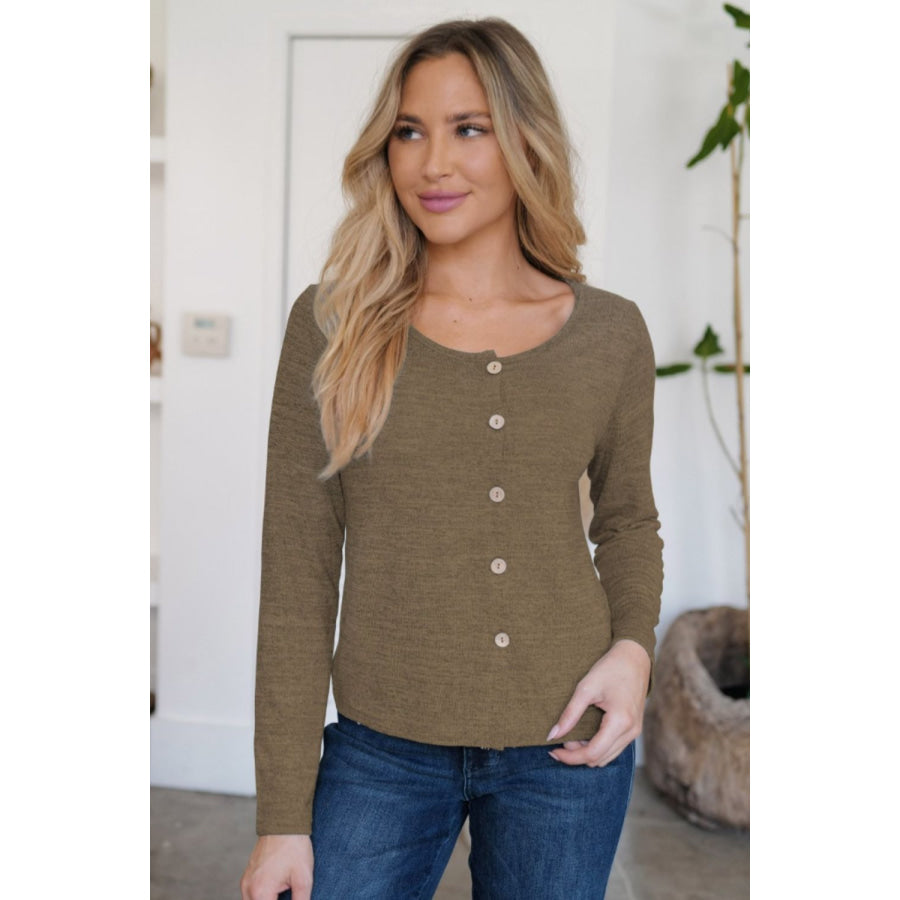 Button Up Round Neck Long Sleeve Cardigan Olive / S Apparel and Accessories