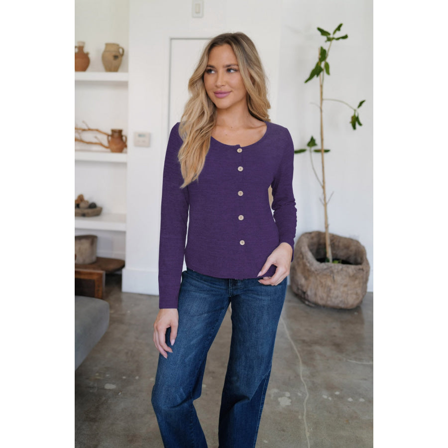 Button Up Round Neck Long Sleeve Cardigan Purple / S Apparel and Accessories