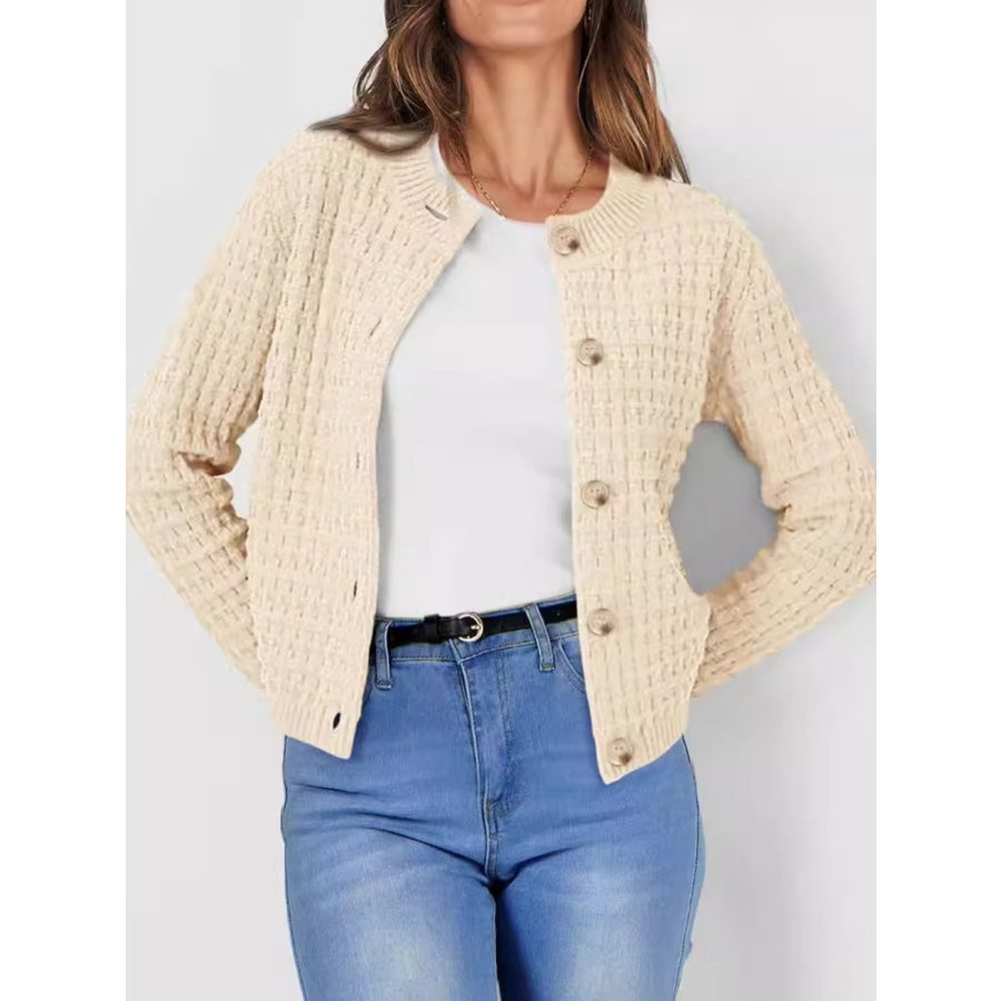 Button Up Round Neck Long Sleeve Cardigan Tan / S Apparel and Accessories