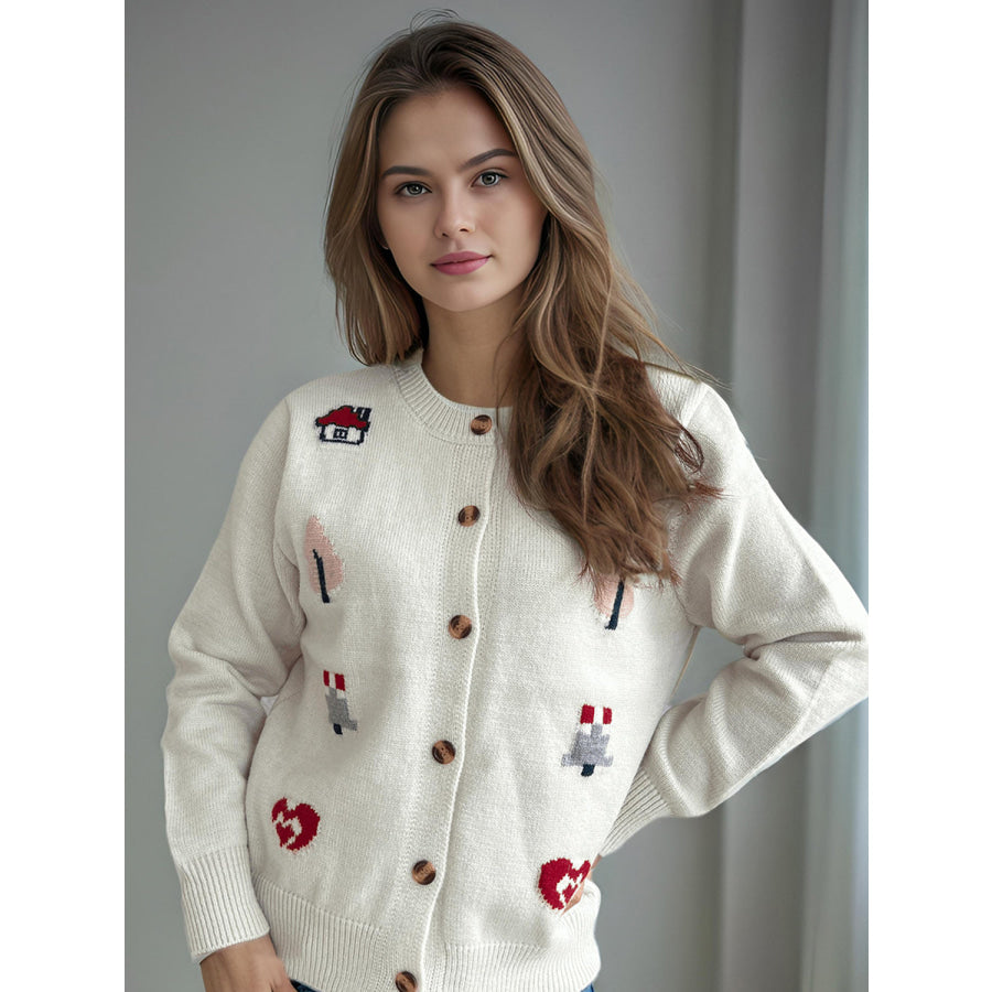 Button Up Round Neck Long Sleeve Cardigan White / One Size Apparel and Accessories