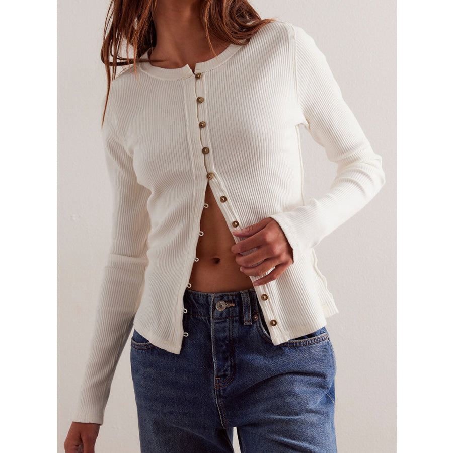 Button Up Round Neck Long Sleeve Cardigan White / S Apparel and Accessories