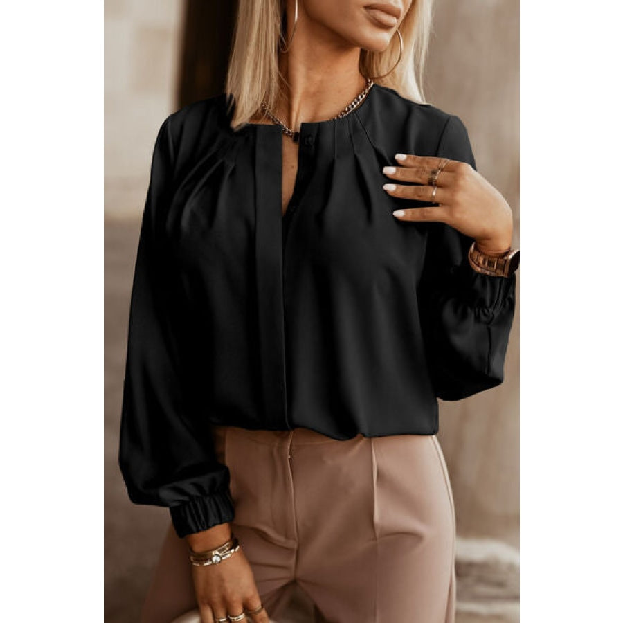 Button Up Round Neck Long Sleeve Shirt Black / XS Clothing