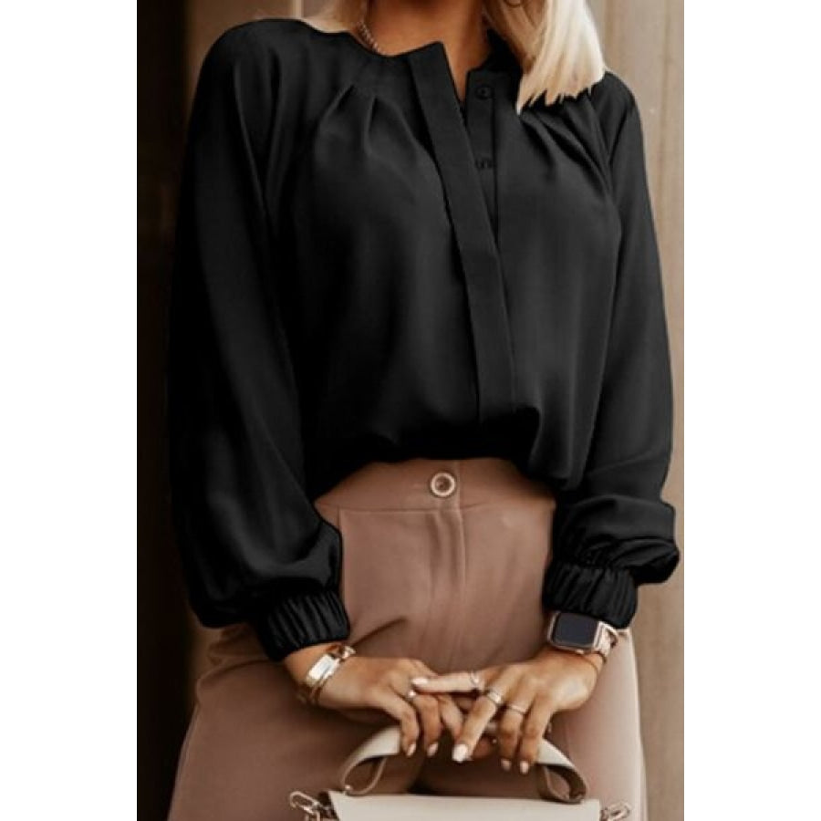 Button Up Round Neck Long Sleeve Shirt Clothing