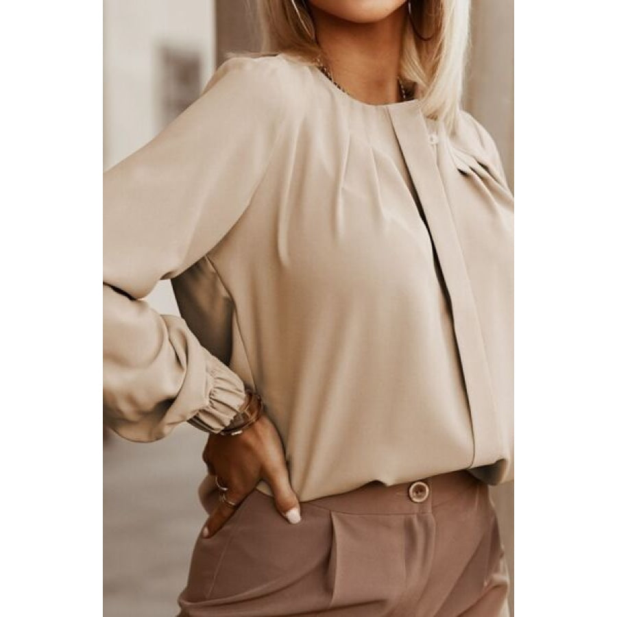 Button Up Round Neck Long Sleeve Shirt Clothing