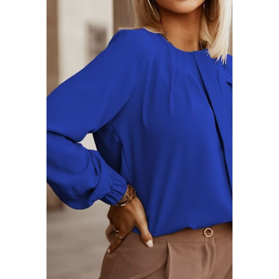 Button Up Round Neck Long Sleeve Shirt Clothing