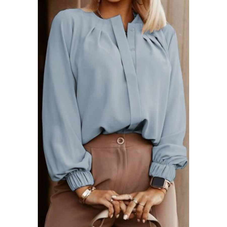 Button Up Round Neck Long Sleeve Shirt Clothing