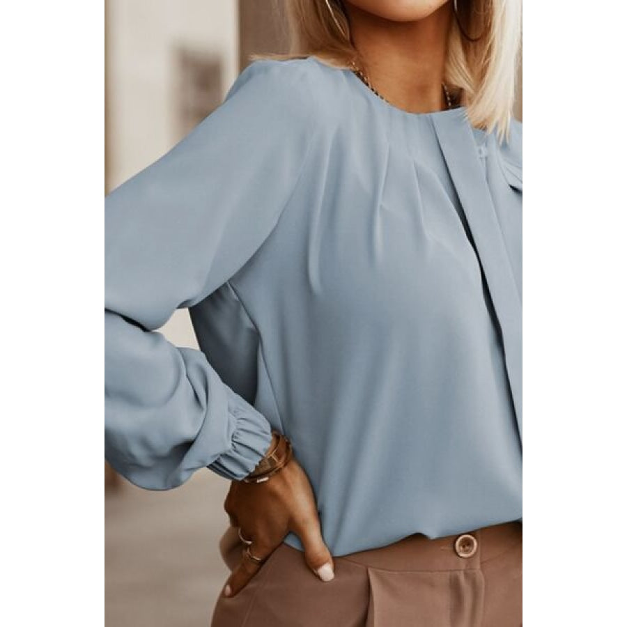 Button Up Round Neck Long Sleeve Shirt Clothing