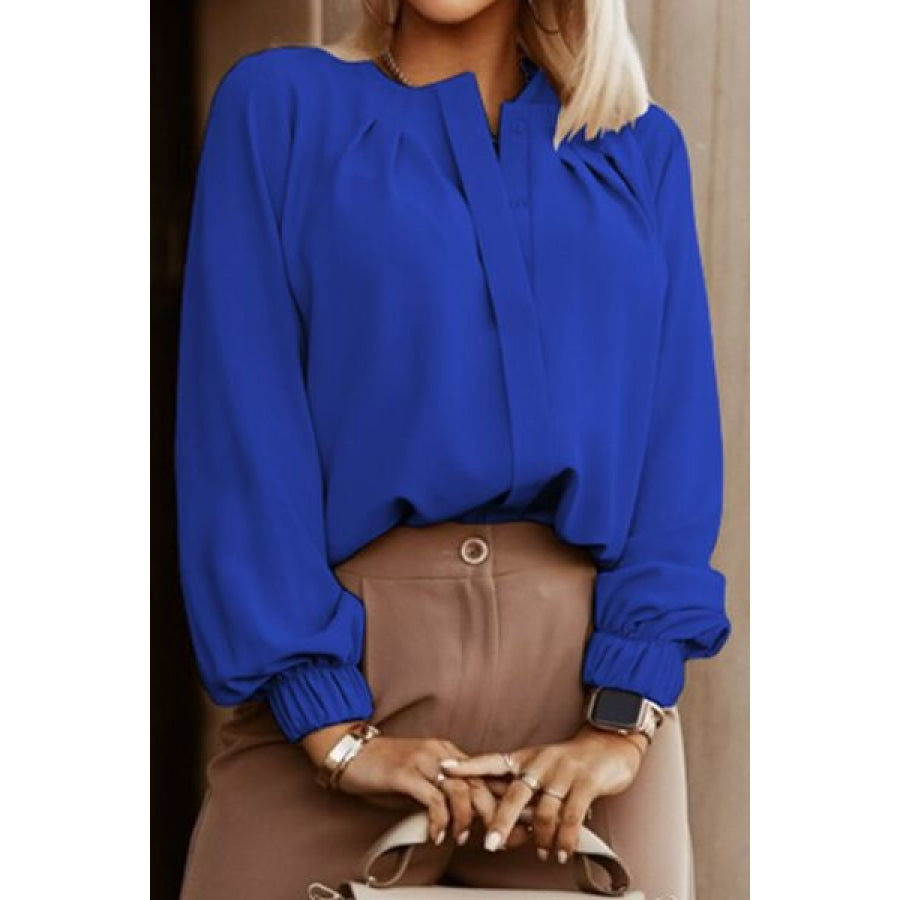 Button Up Round Neck Long Sleeve Shirt Clothing