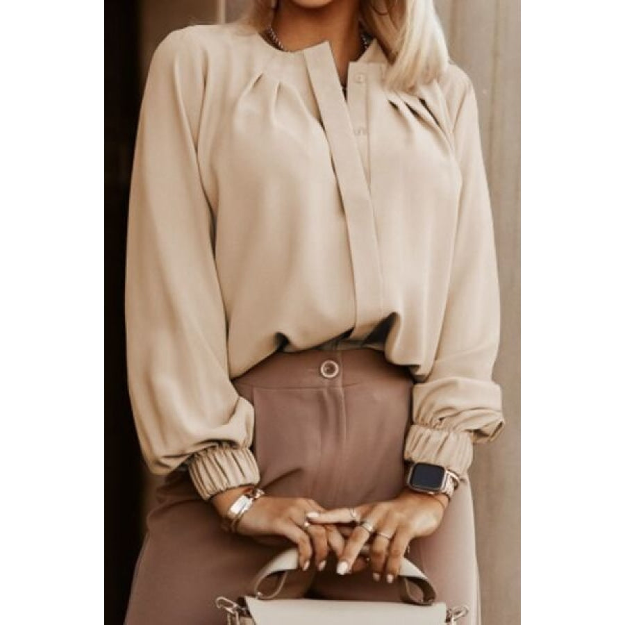 Button Up Round Neck Long Sleeve Shirt Clothing