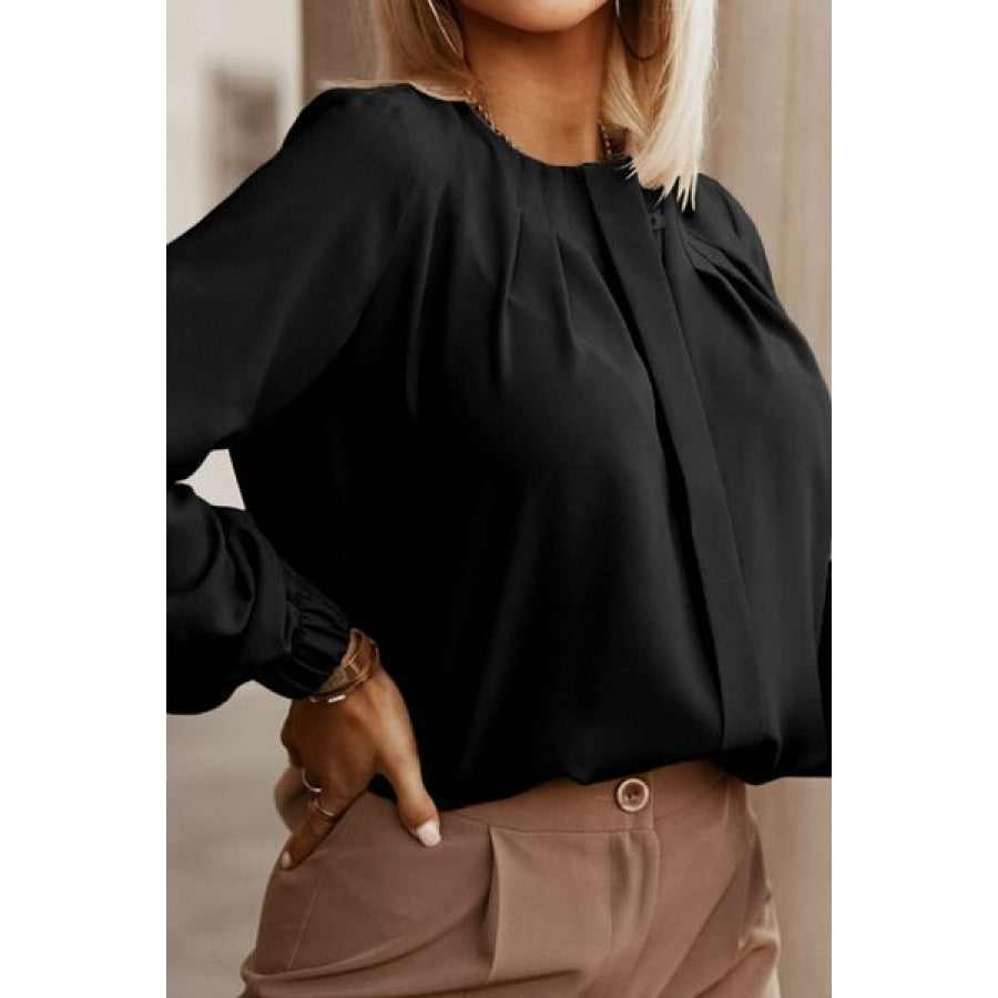 Button Up Round Neck Long Sleeve Shirt Clothing