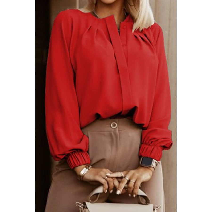 Button Up Round Neck Long Sleeve Shirt Clothing