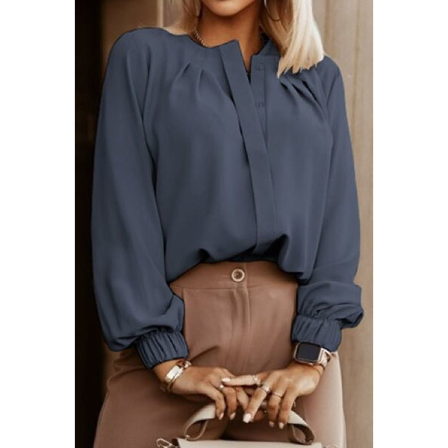 Button Up Round Neck Long Sleeve Shirt Clothing