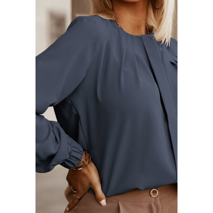 Button Up Round Neck Long Sleeve Shirt Clothing