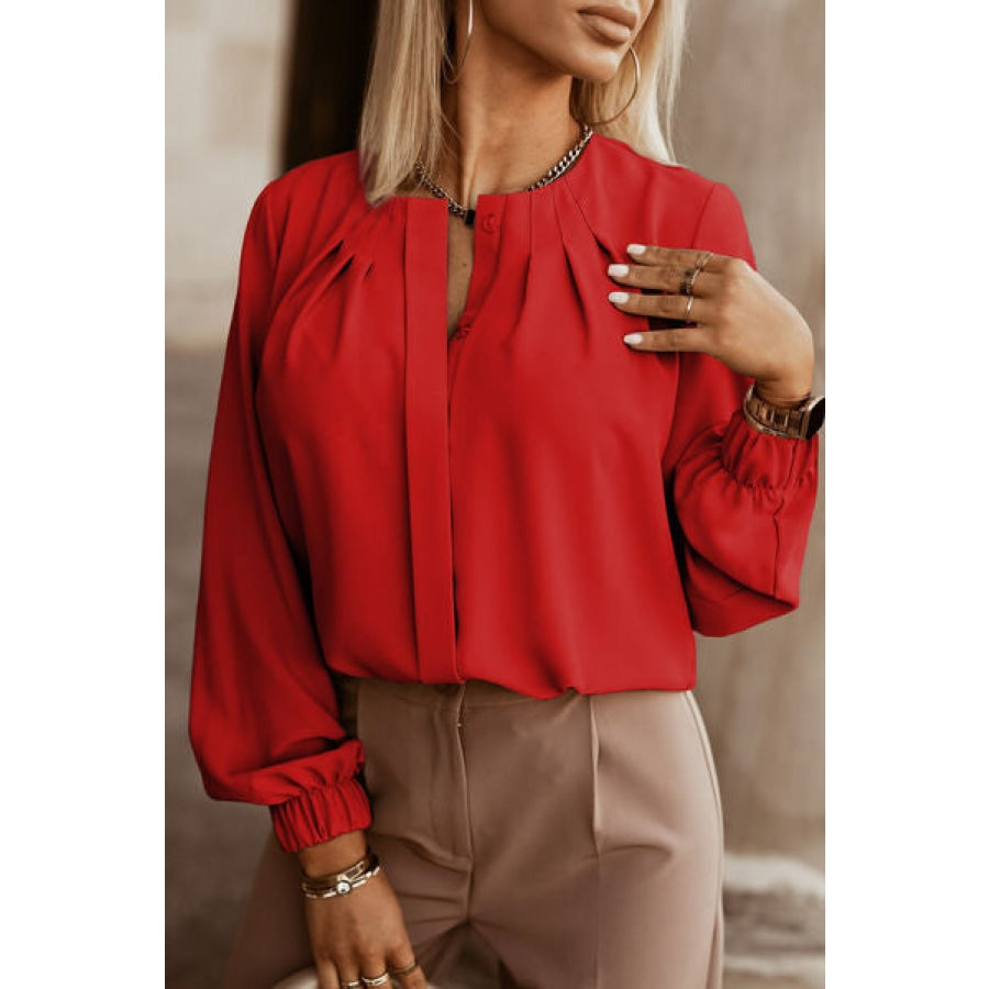 Button Up Round Neck Long Sleeve Shirt Deep Red / XS Clothing