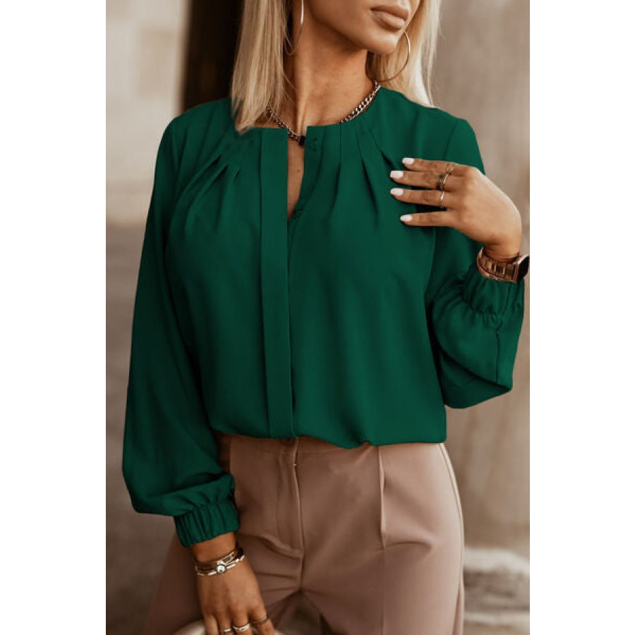 Button Up Round Neck Long Sleeve Shirt Green / XS Clothing