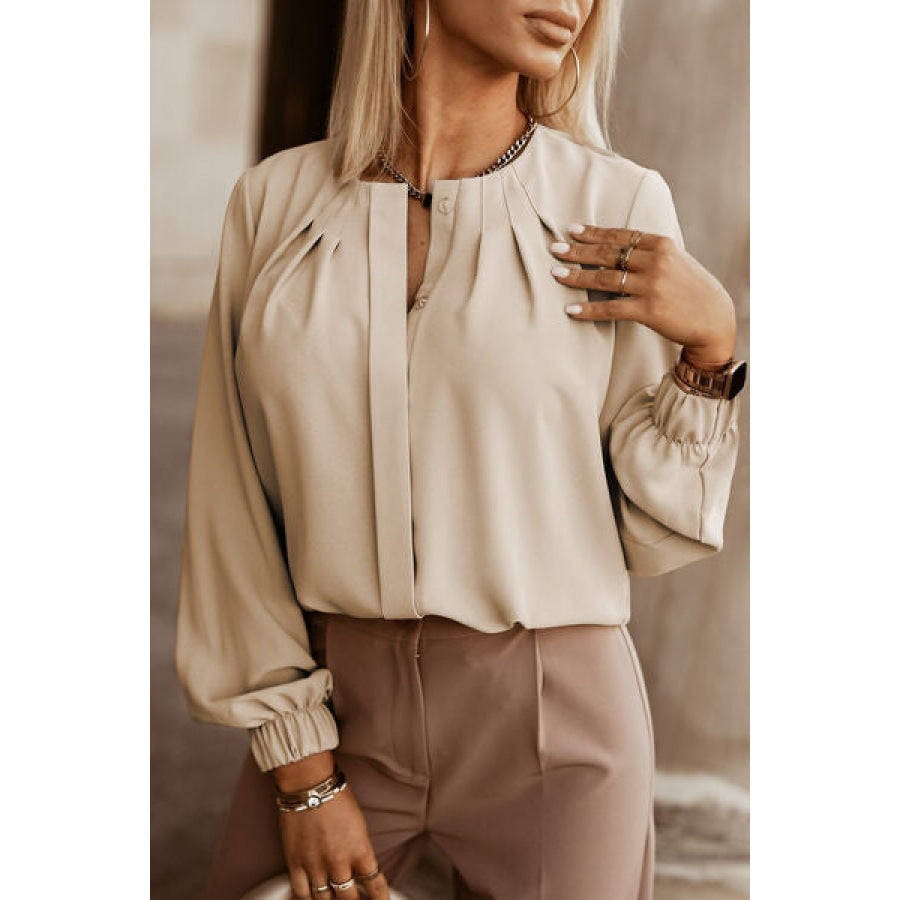 Button Up Round Neck Long Sleeve Shirt Khaki / XS Clothing