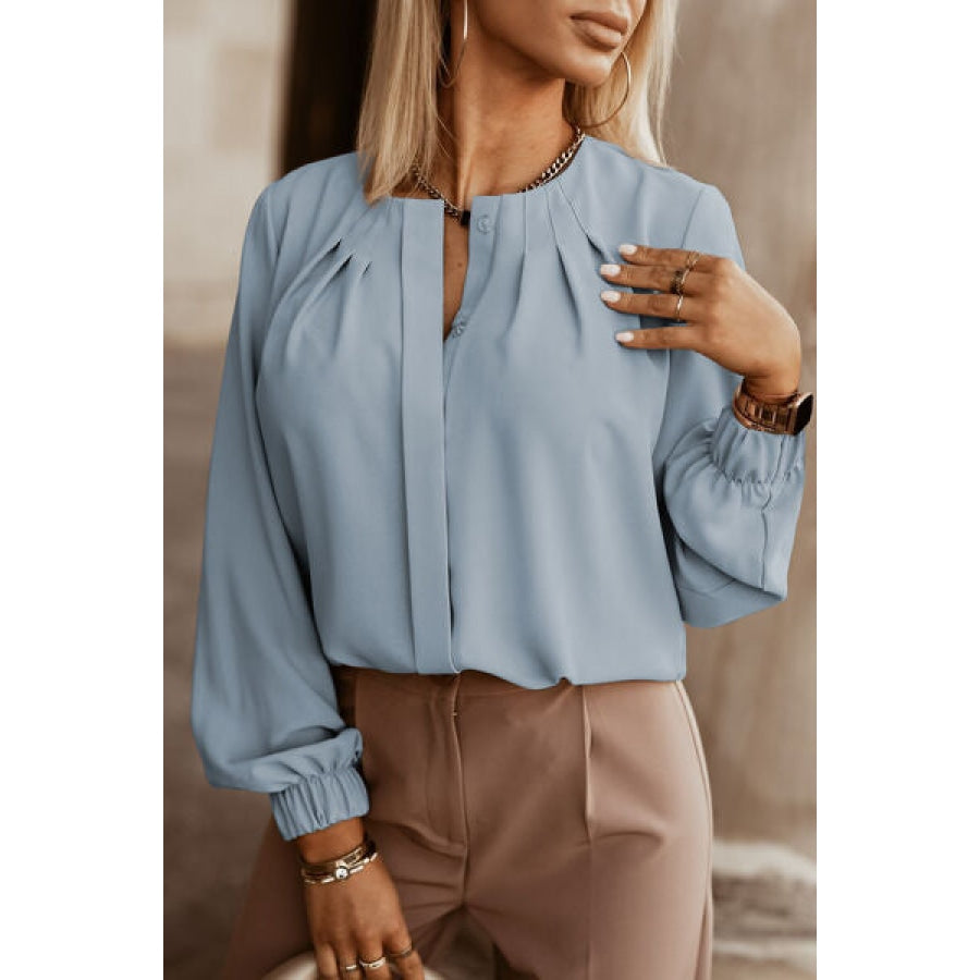 Button Up Round Neck Long Sleeve Shirt Misty Blue / XS Clothing