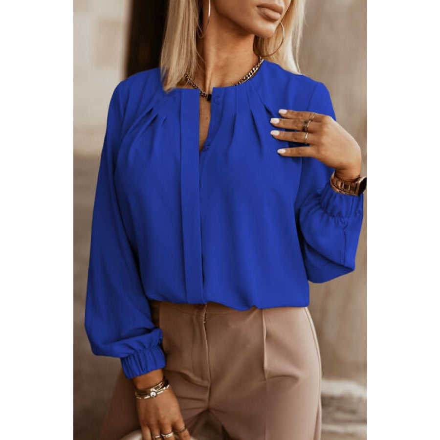 Button Up Round Neck Long Sleeve Shirt Royal Blue / XS Clothing