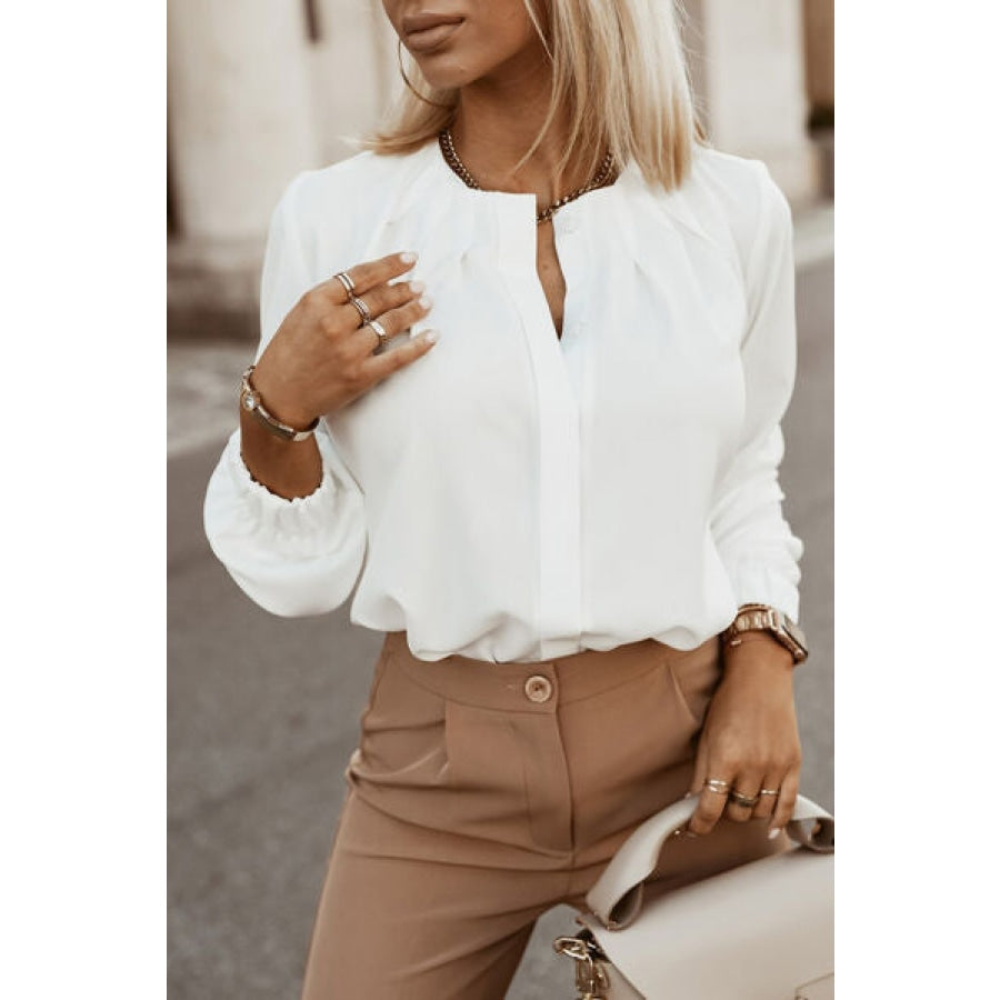 Button Up Round Neck Long Sleeve Shirt White / XS Clothing