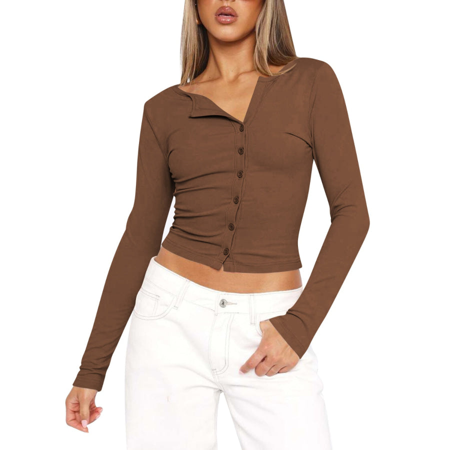 Button Up Round Neck Long Sleeve T-Shirt Apparel and Accessories