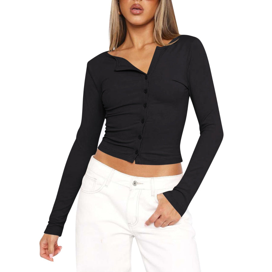 Button Up Round Neck Long Sleeve T-Shirt Apparel and Accessories