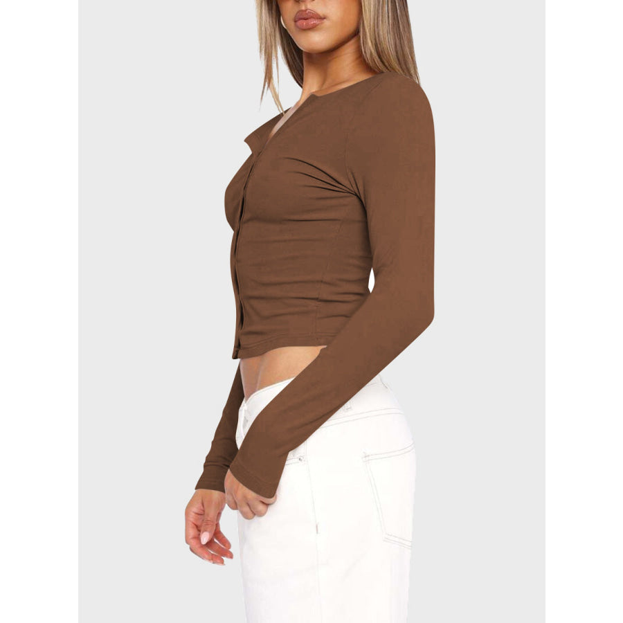 Button Up Round Neck Long Sleeve T-Shirt Coffee Brown / S Apparel and Accessories