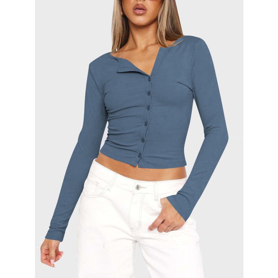 Button Up Round Neck Long Sleeve T-Shirt Dusty Blue / S Apparel and Accessories