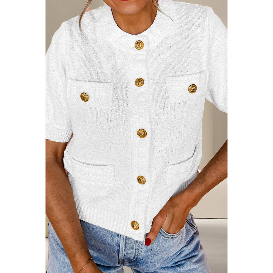 Button Up Round Neck Short Sleeve Knit Top White / S Apparel and Accessories